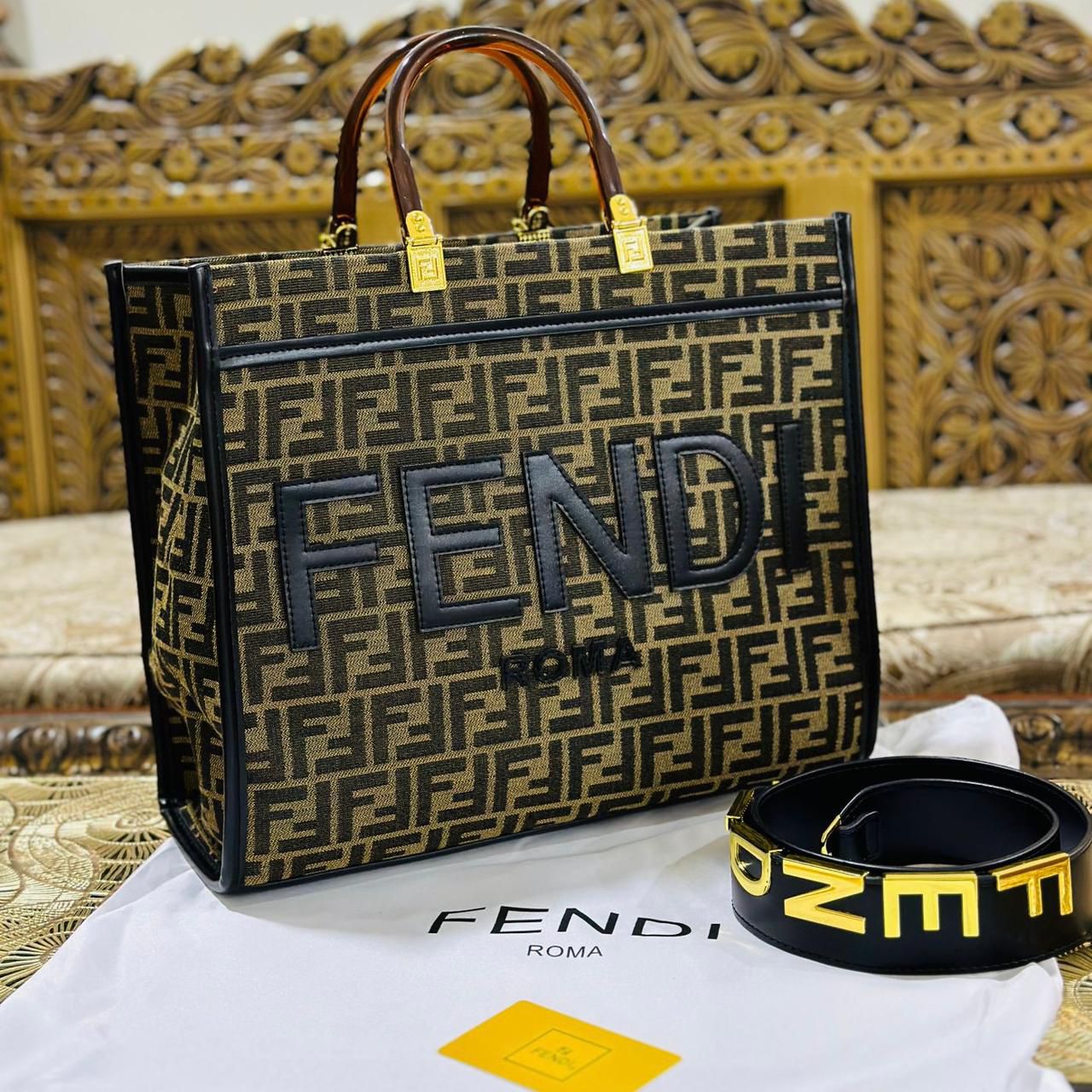 Premium Fendi Roma Tote Bag with Long Belt (Black Fendi + Lite Brown Fendi Print)