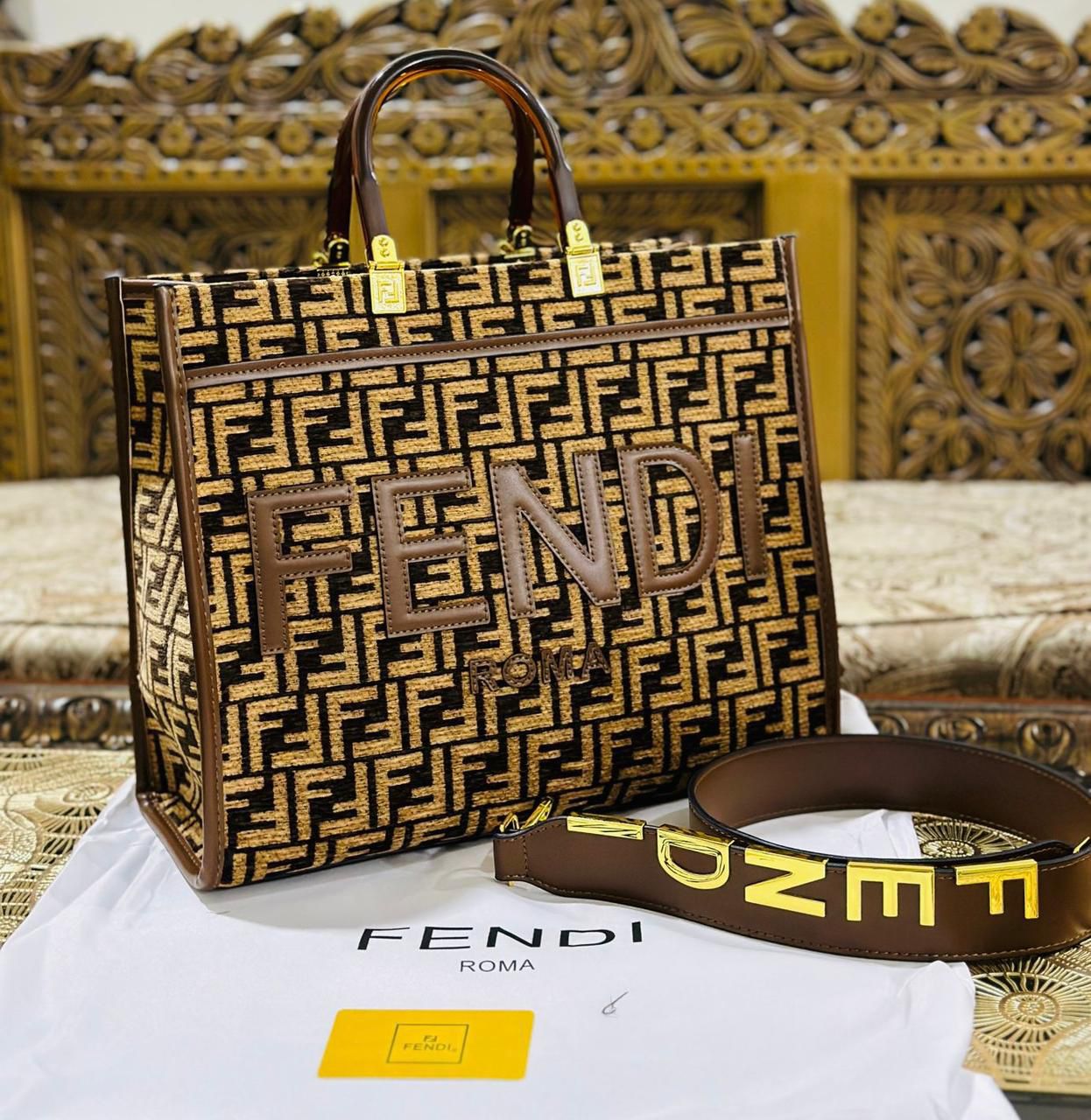 Premium Fendi Roma Tote Bag with Long Belt (Dark Brown+ Lite Brown Fendi Print)