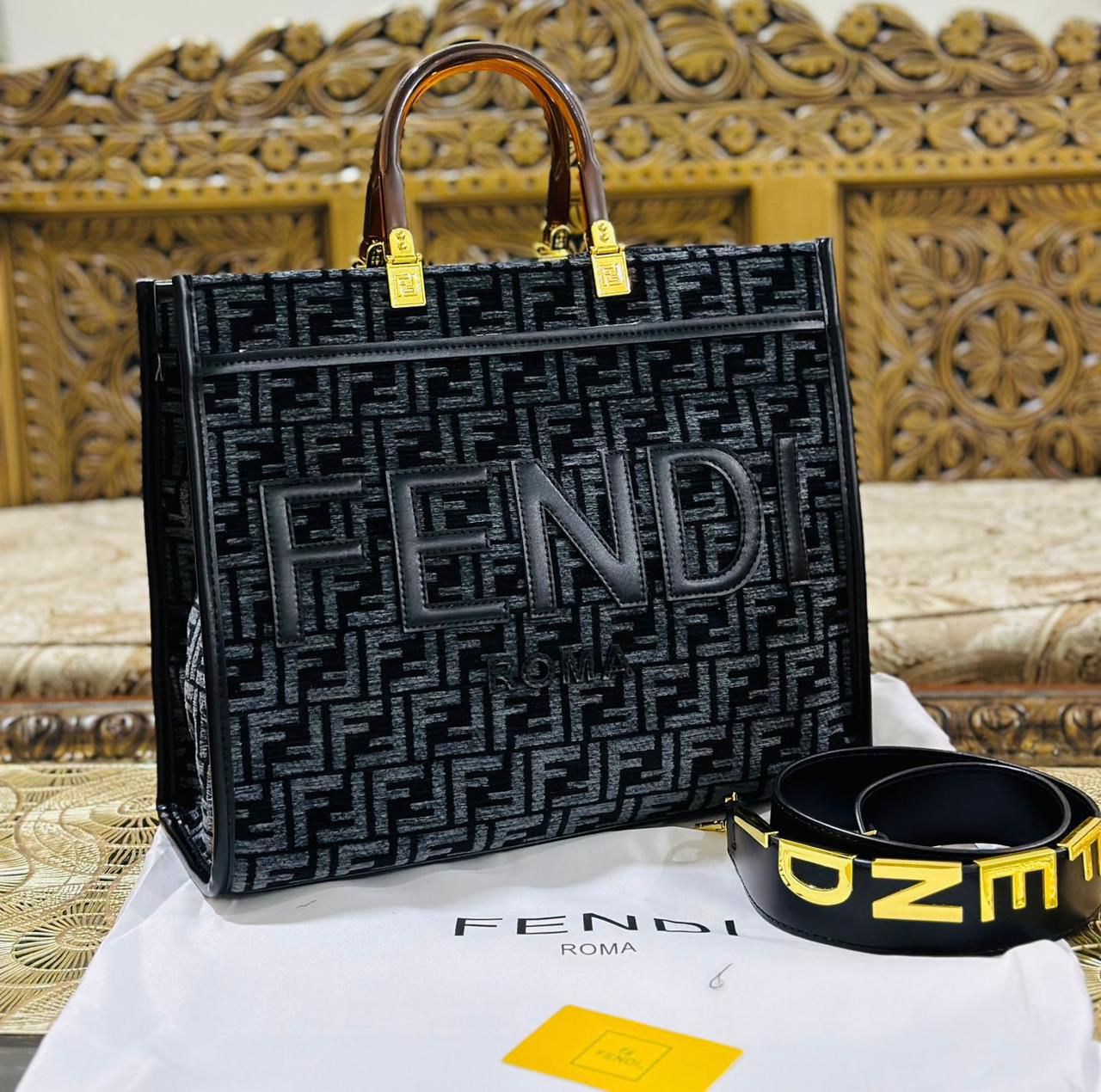 Premium Fendi Roma Tote Bag with Long Belt (Black+Grey)