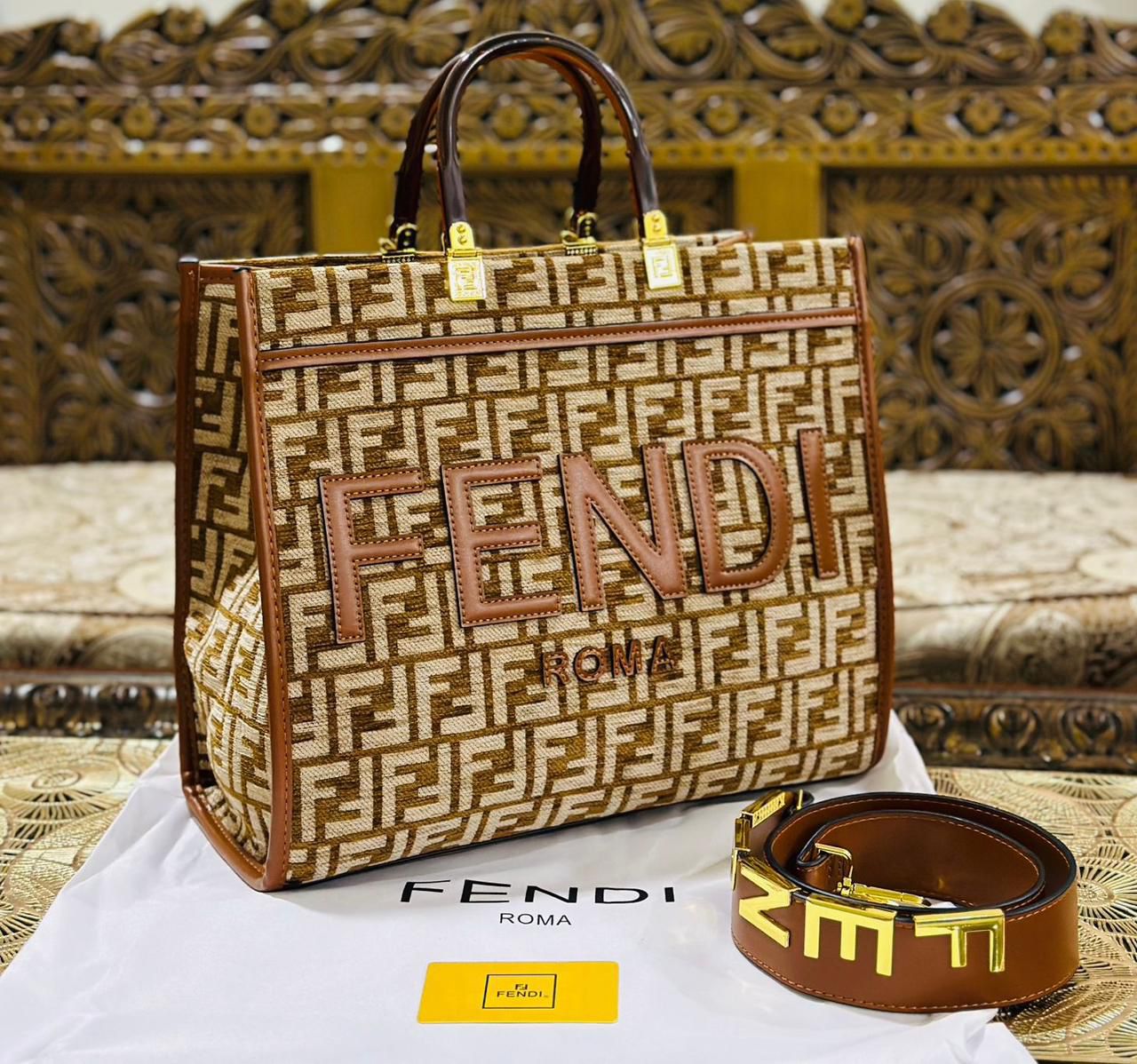 Premium Fendi Roma Tote Bag with Long Belt (Brown+Being Fendi Print)