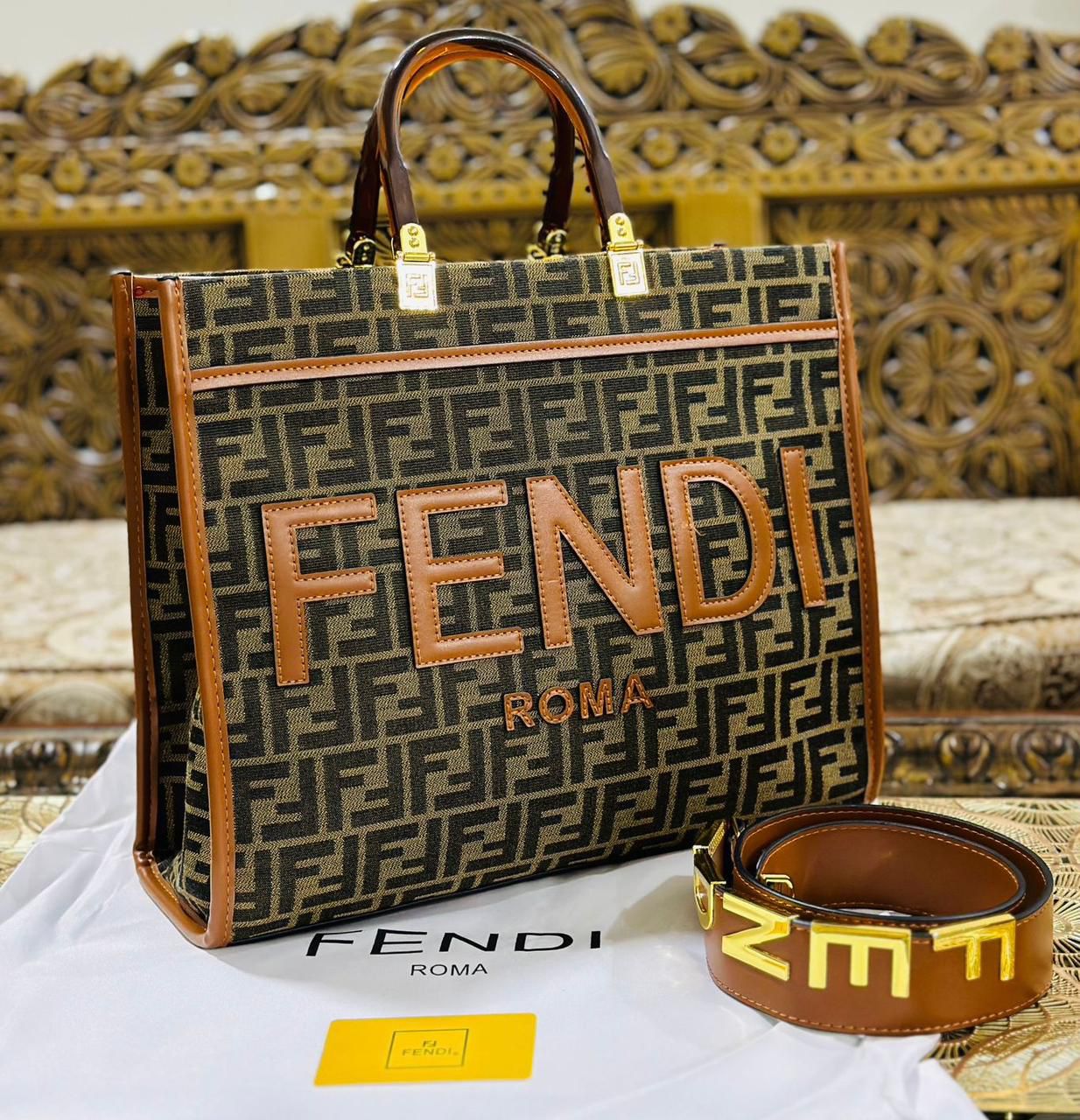 Premium Fendi Roma Tote Bag with Long Belt (Brown+Lite Brown Print)