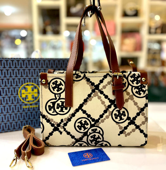 Tory Burch Handbag with Brand Card, Dustbag, and Magnetic Box (Beige)