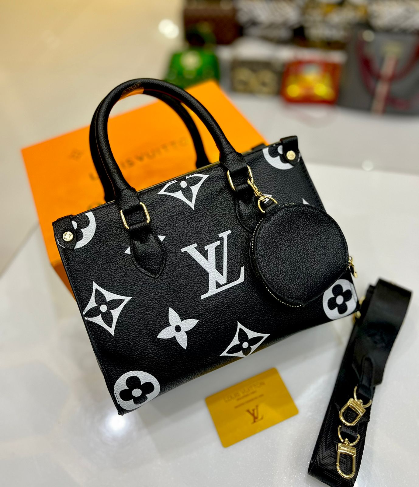 Louis Vuitton Handbag with Pouch - 2-Piece Set (Black White LV Print)