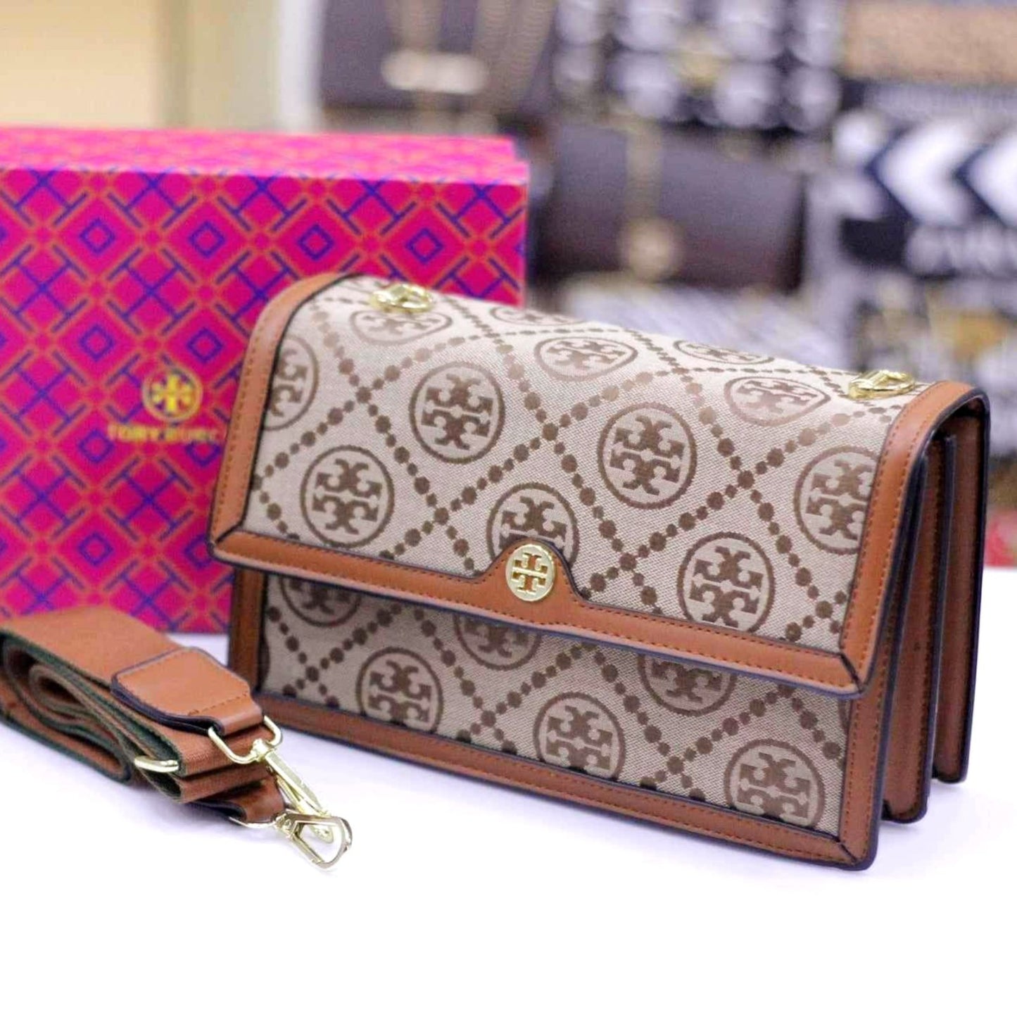 Tory Burch High-Quality Crossbody Bag with Full Brand Set For Women (Brown)