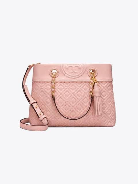 TORY BURCH Fleming Small Logo Detail Leather Tote Bag For Women ( Pink )