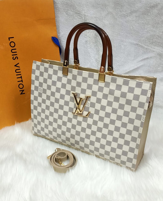 Luxury LV Tod Bag with Wooden Handle and Long Strap (White)