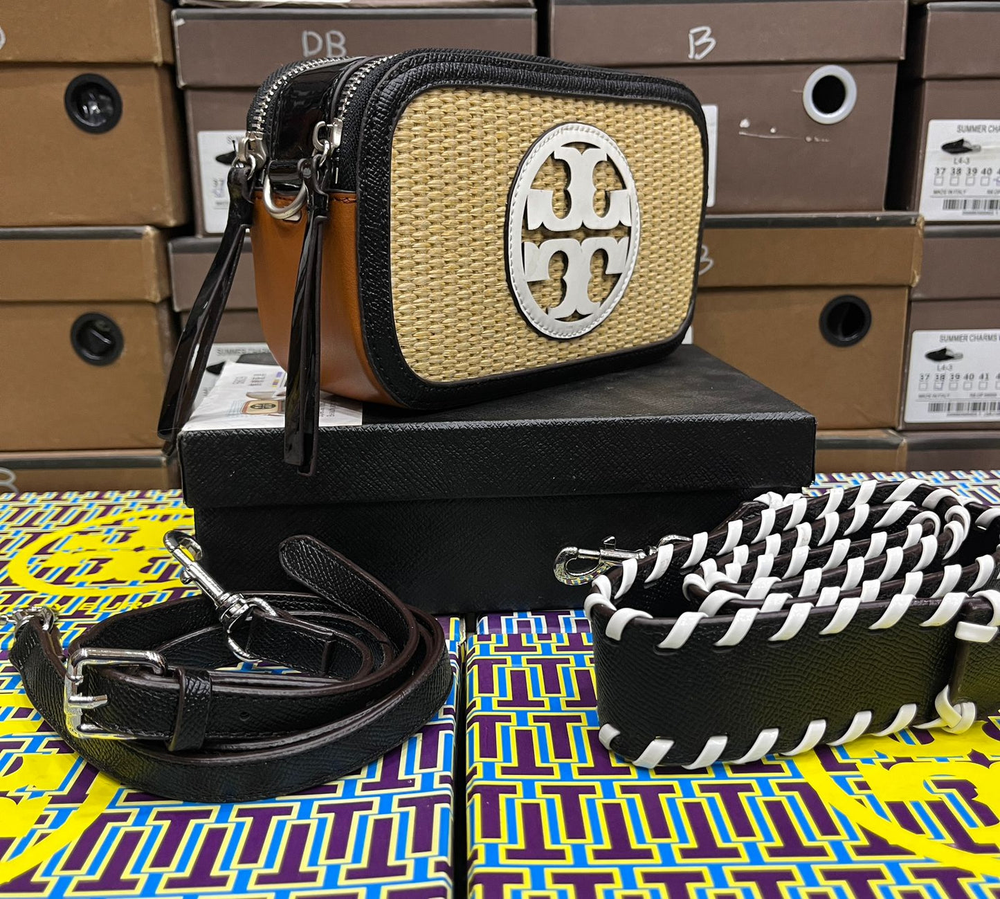 Tory Burch Mini Miller Raffia Crossbody Bag For Girls (Black+White)