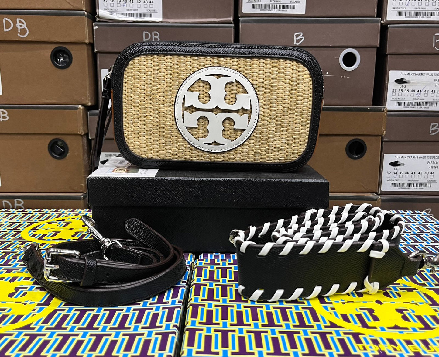 Tory Burch Mini Miller Raffia Crossbody Bag For Girls (Black+White)