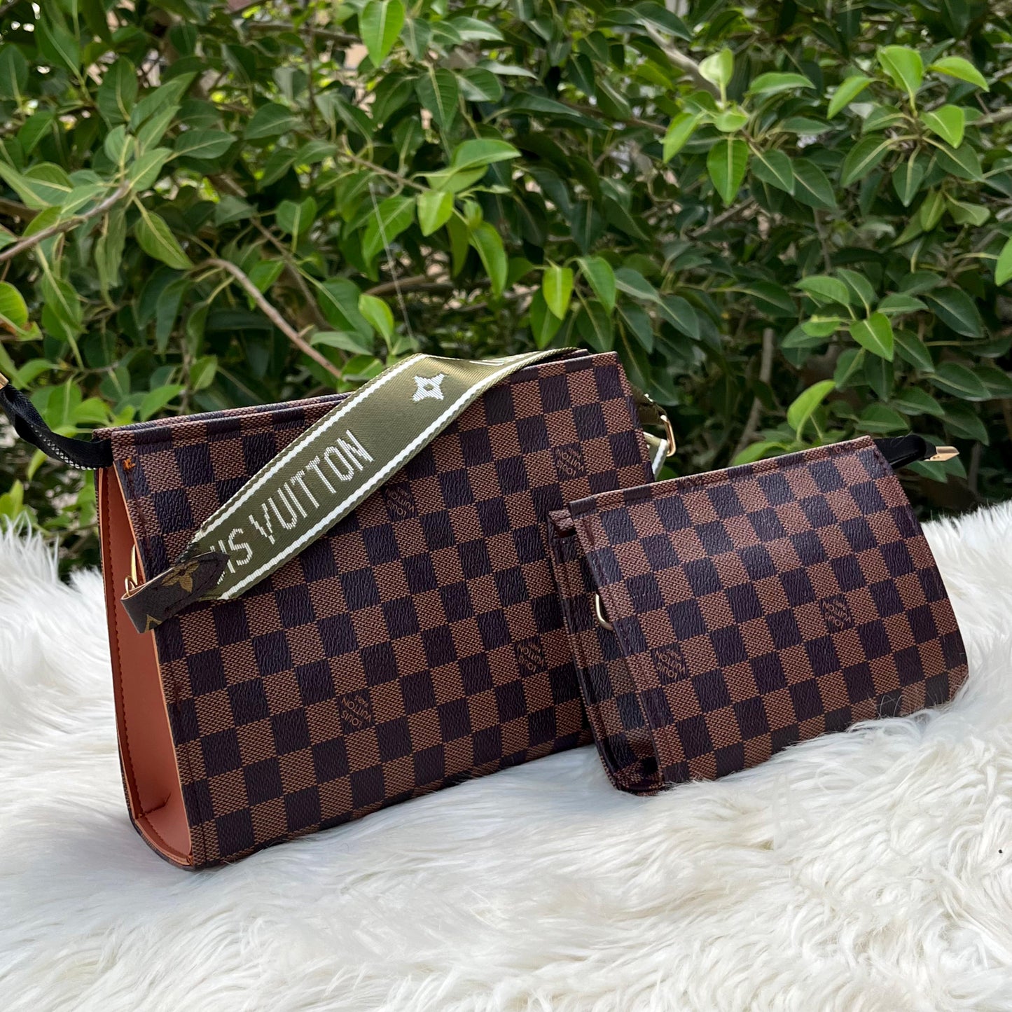 Louis Vuitton Cross Body Pouch check 2-Piece Set for Women (Brown+Green) no box