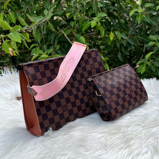 Louis Vuitton Cross Body Pouch 2-Piece check Set for Women (Brown+pink)