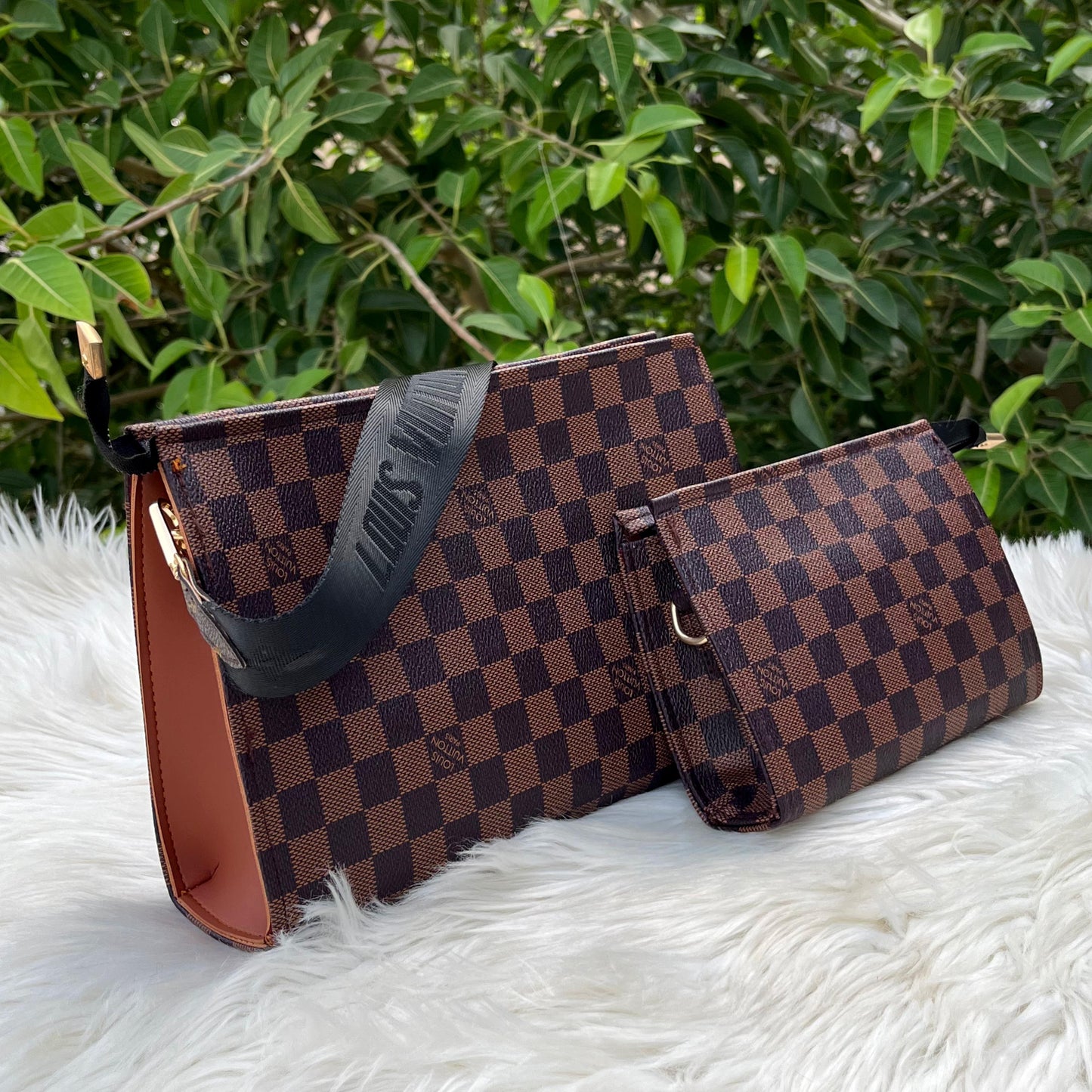 Louis Vuitton Cross Body Pouch 2-Piece check Set for Women (Brown+black)