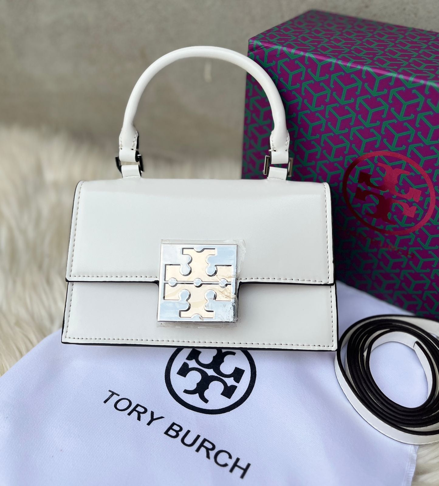 Tory Burch Bon Bon Spazzolato Mini Top-Handle Bag for Women (White)