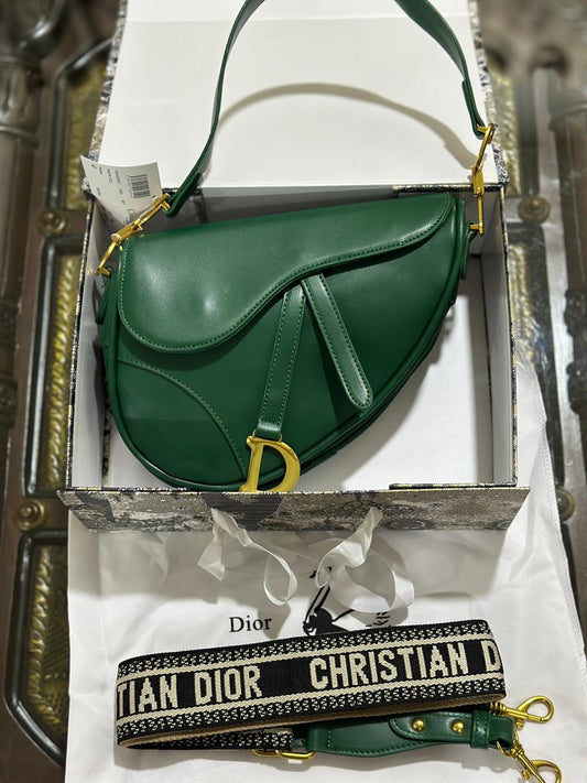 Dior Saddle Bag with Embroidered Long Belt for Women (Green)