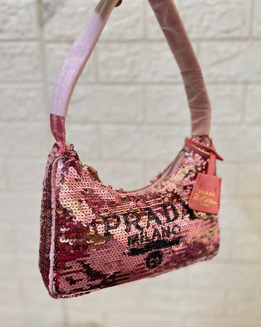 Prada Re-Edition 2000 Sequins Hobo Bag for Women (Pink)