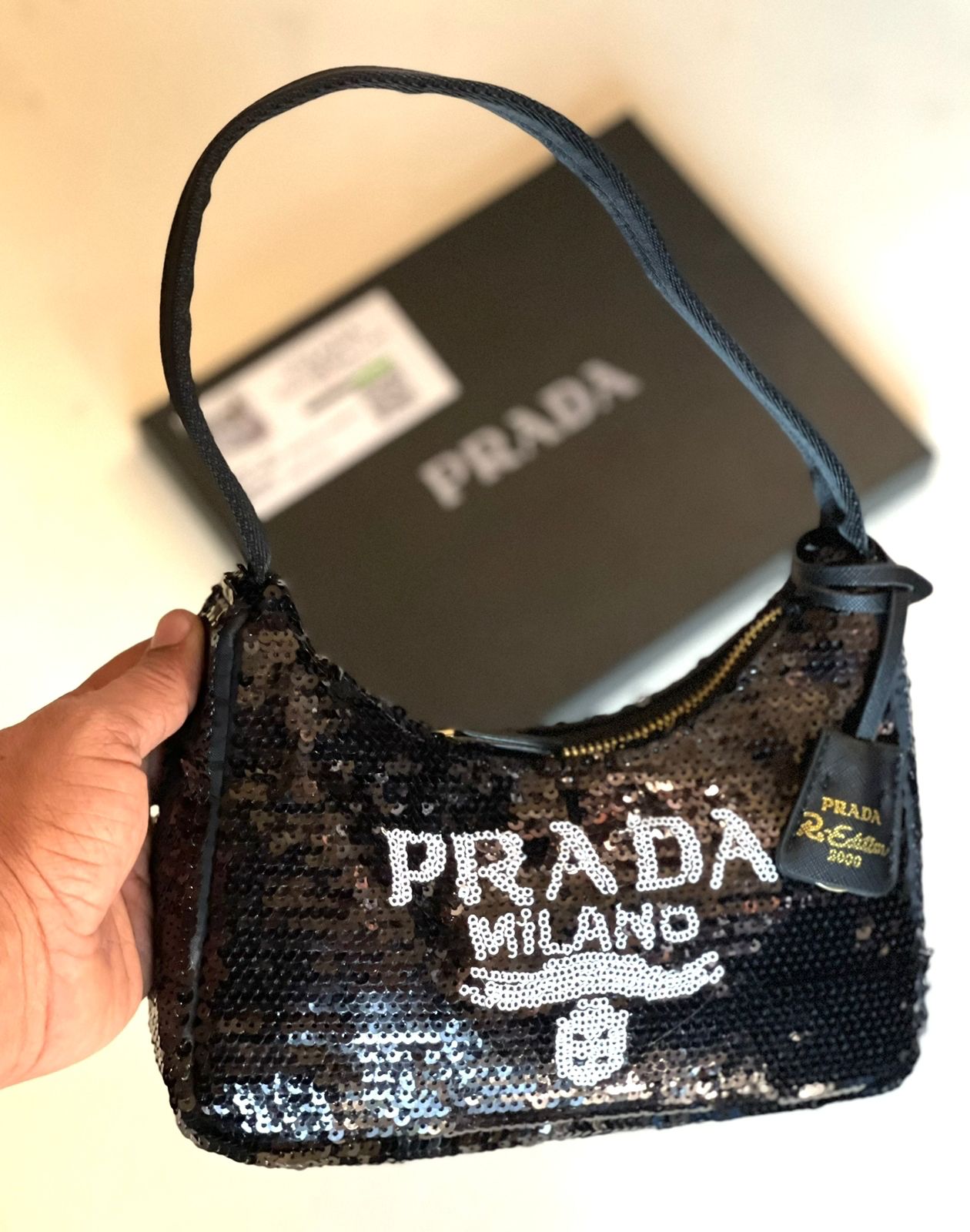 Prada Re-Edition 2000 Sequins Hobo Bag for Women (Black)