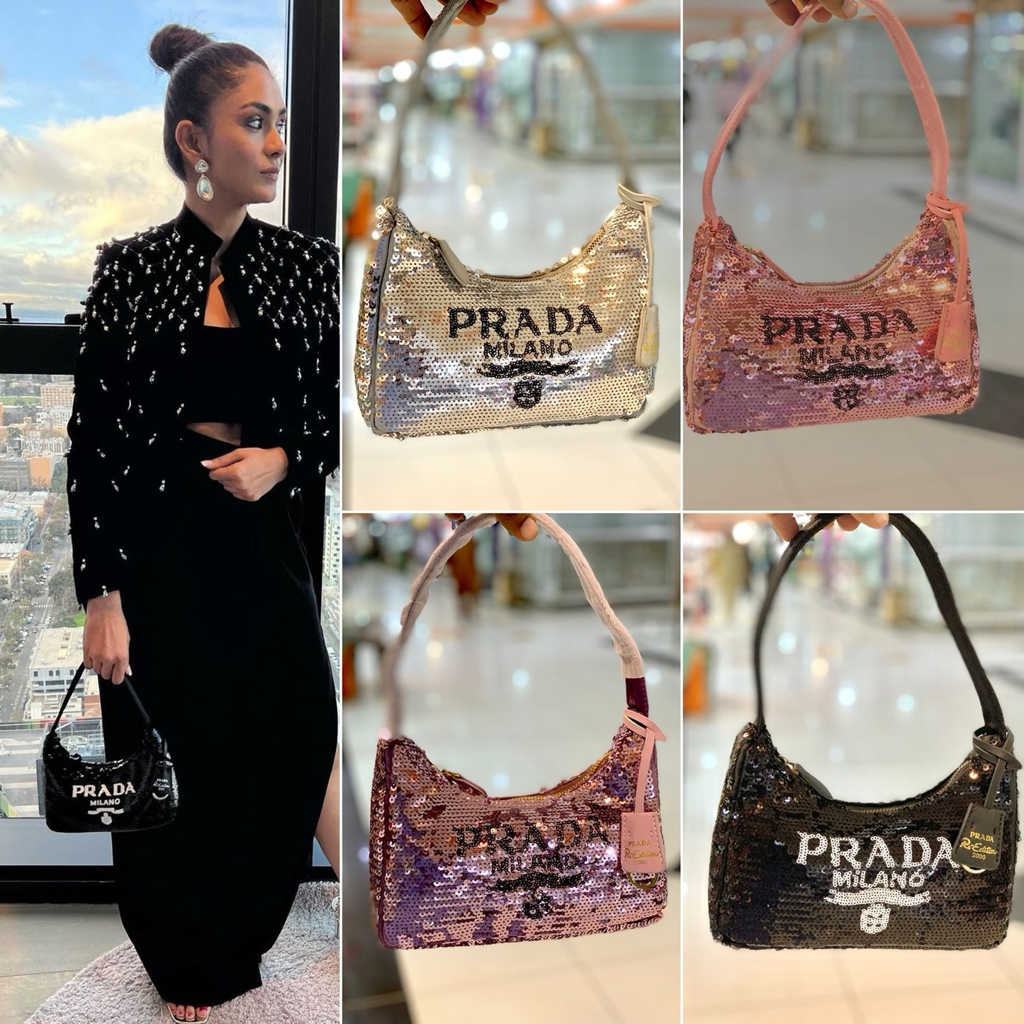 Prada Re-Edition 2000 Sequins Hobo Bag for Women (Black)