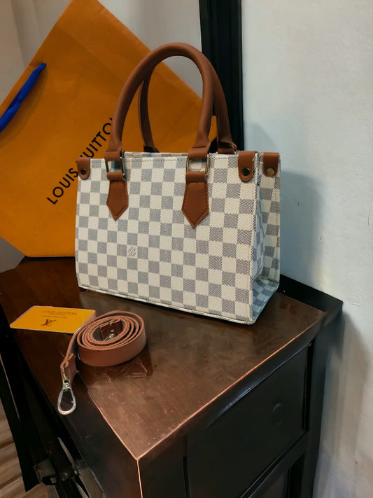 Louis Vuitton AAA Quality Shoulder Bag for Women (Cream+Grey Check Print )