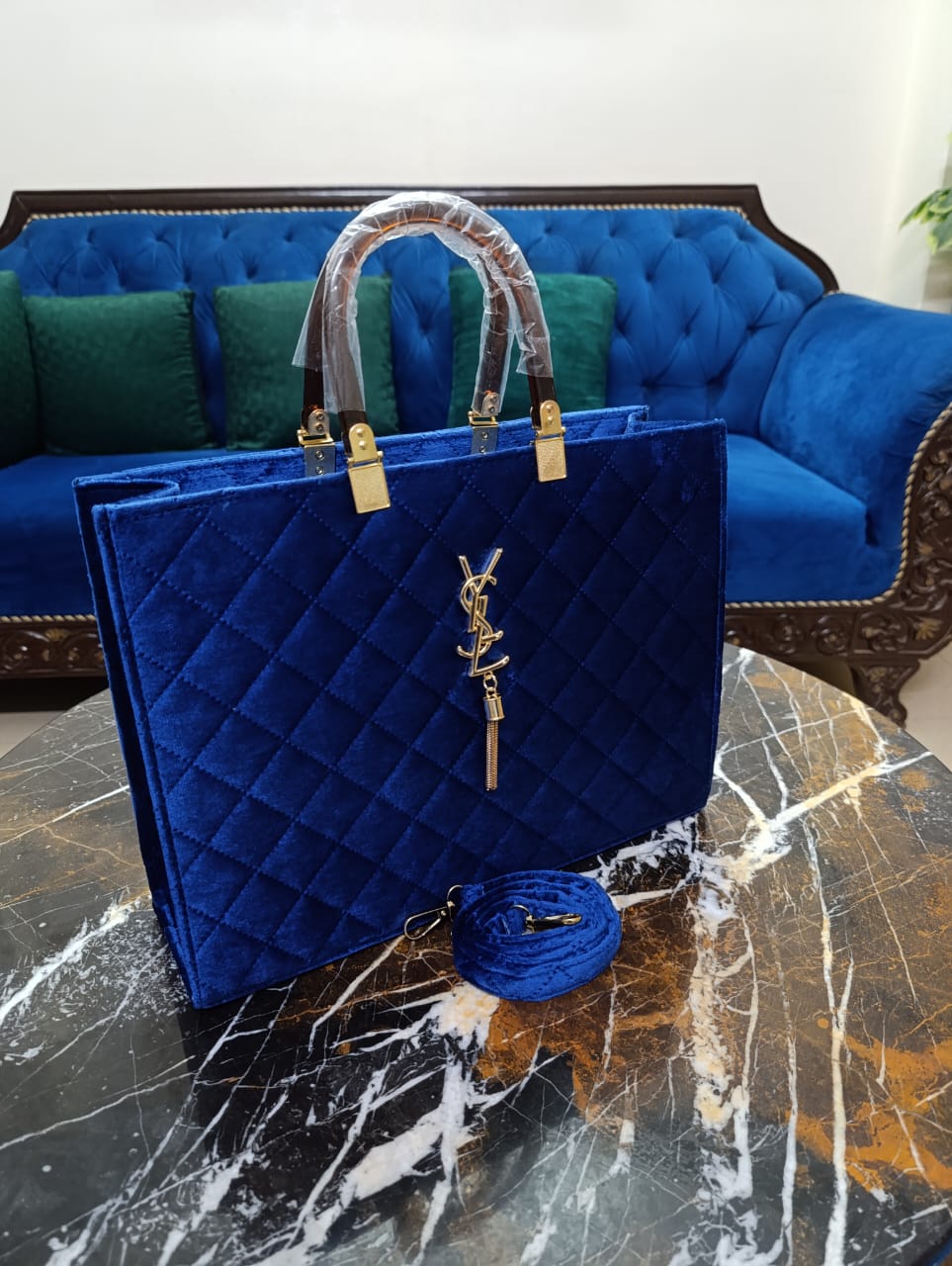 High-Quality YSL Women's Velvet Bag with Long Strap - Luxury Redefined (Blue)