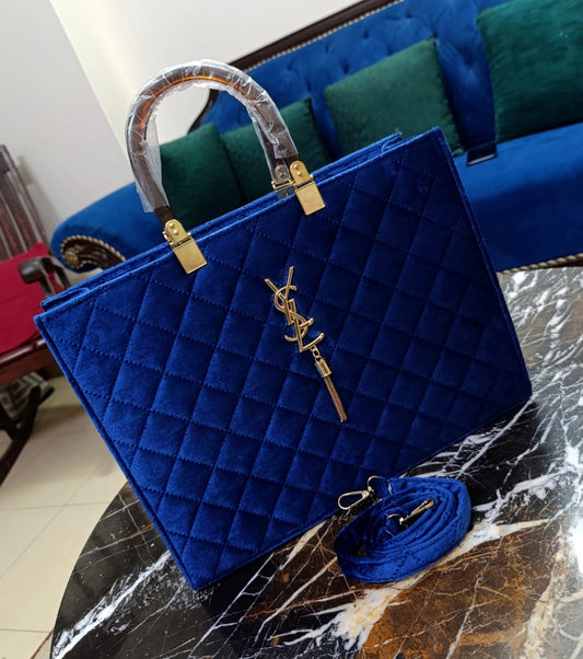 High-Quality YSL Women's Velvet Bag with Long Strap - Luxury Redefined (Blue)