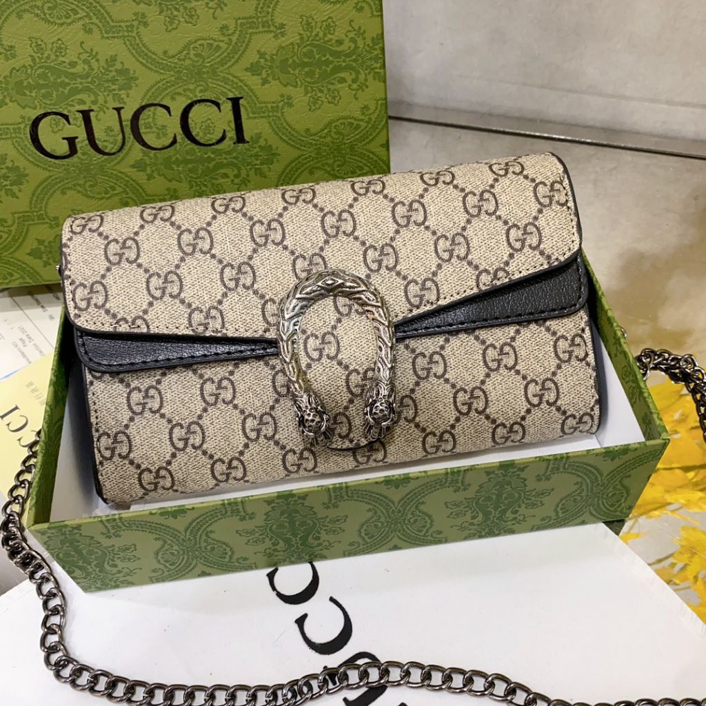 Gucci Dionysus GG Supreme Shoulder Wallet (Brown / Black)