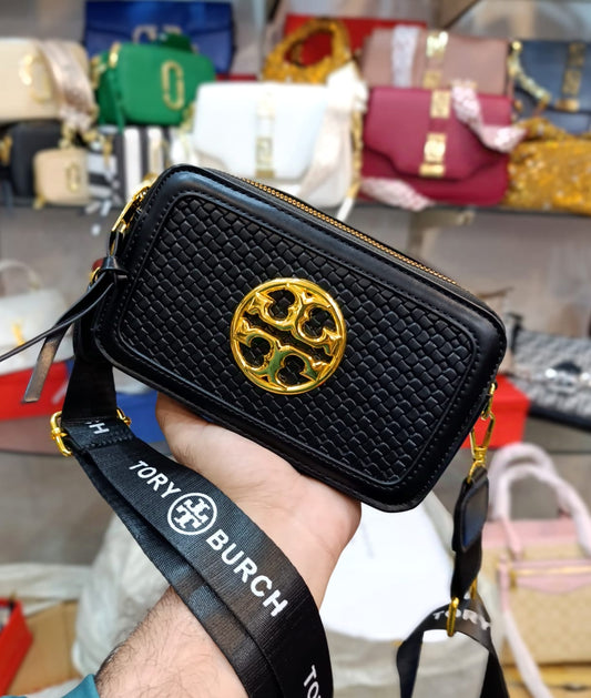 Tory Burch Premium Crossbody Women's Bag with Long Belt & Signature Brand Logo (Black)