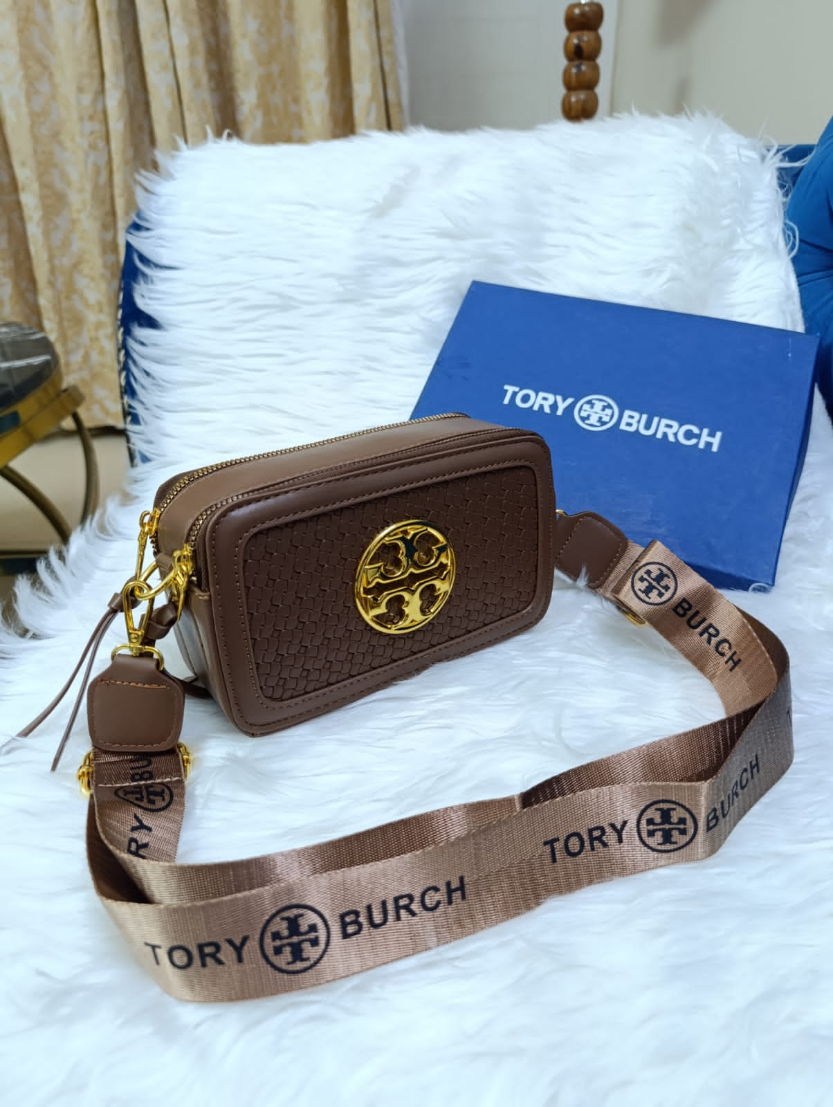 Tory Burch Premium Crossbody Women's Bag with Long Belt & Signature Brand Logo (Brown 2)