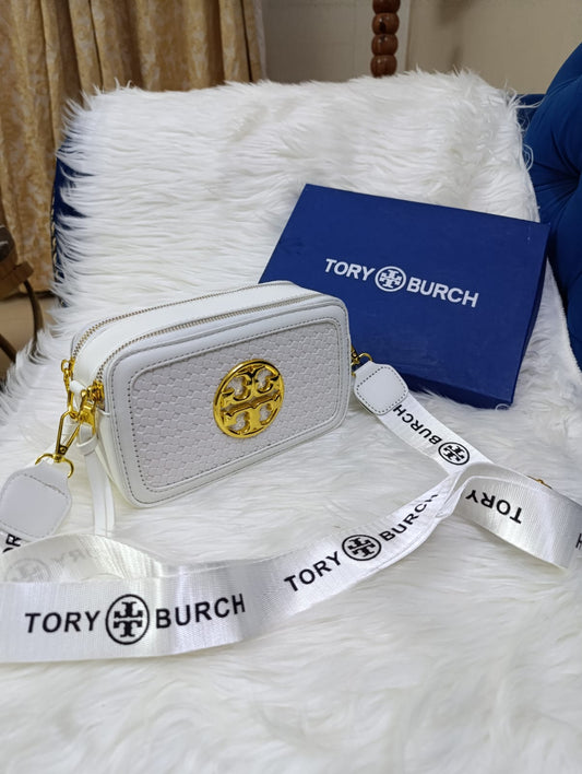 Tory Burch Premium Crossbody Women's Bag with Long Belt & Signature Brand Logo (White)