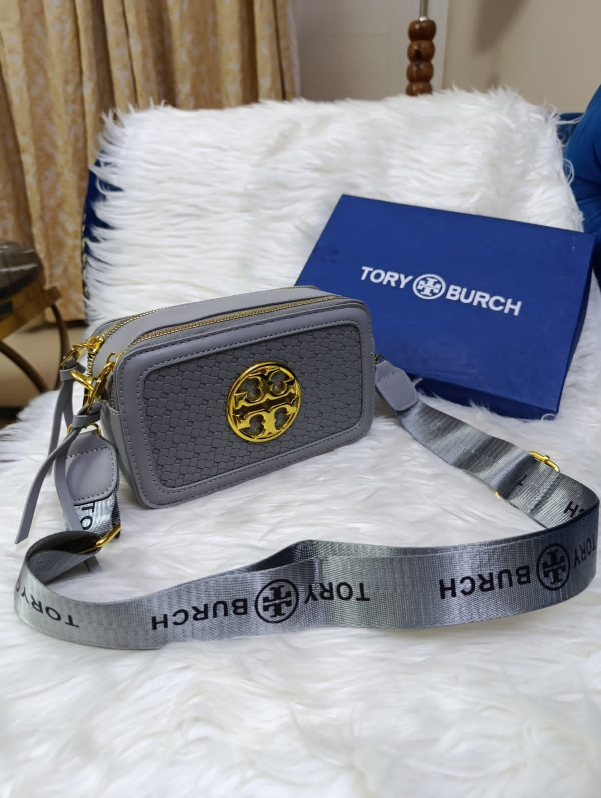 Tory Burch Premium Crossbody Women's Bag with Long Belt & Signature Brand Logo (Grey)