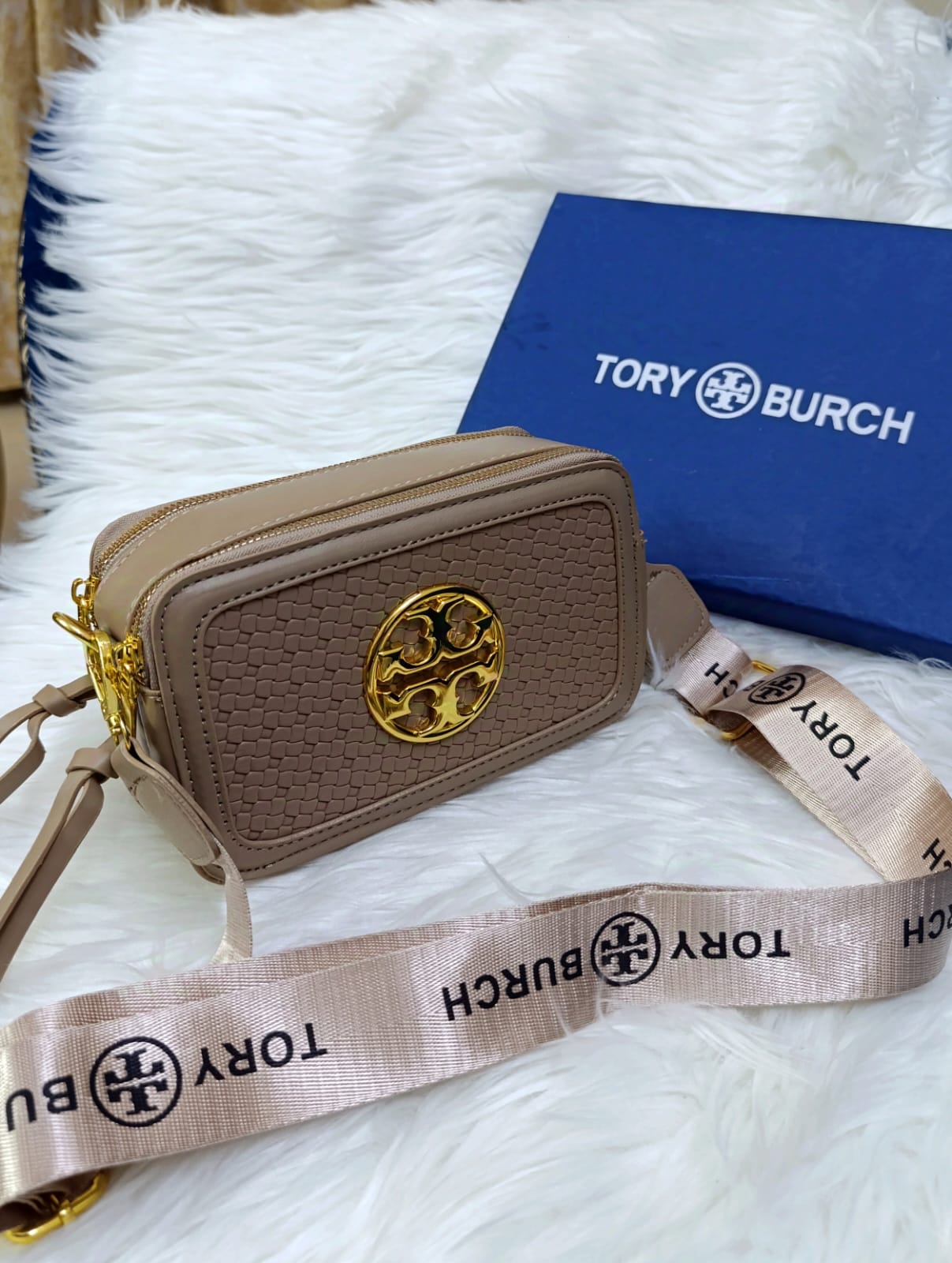 Tory Burch Premium Crossbody Women's Bag with Long Belt & Signature Brand Logo (Brown 1)