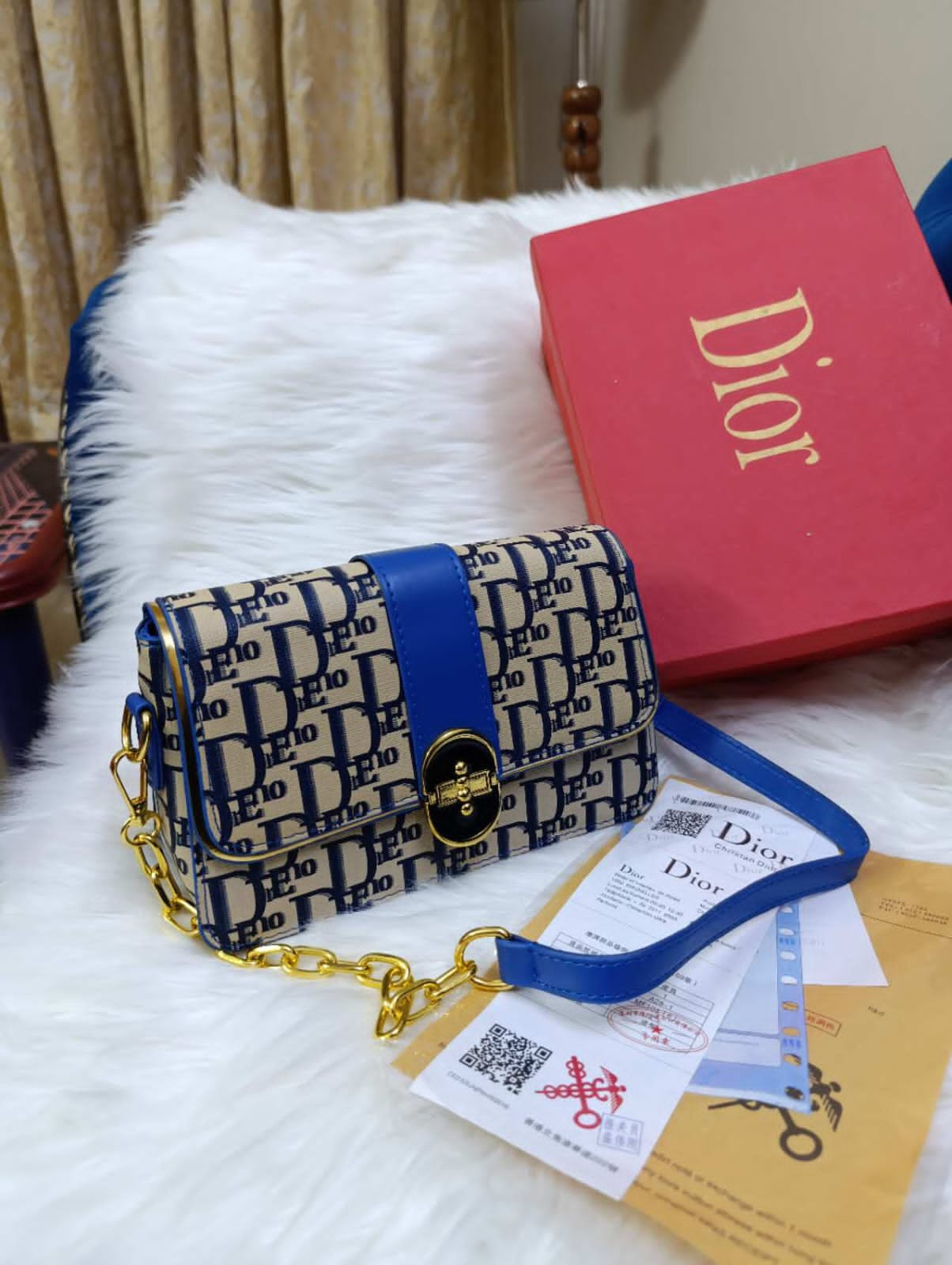 Dior Luxury Handbag with Long Belt (blue/brown)