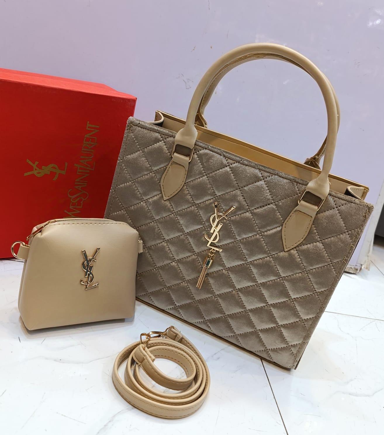 YSL Velvet 2-Piece Handbag Set (brown 2)