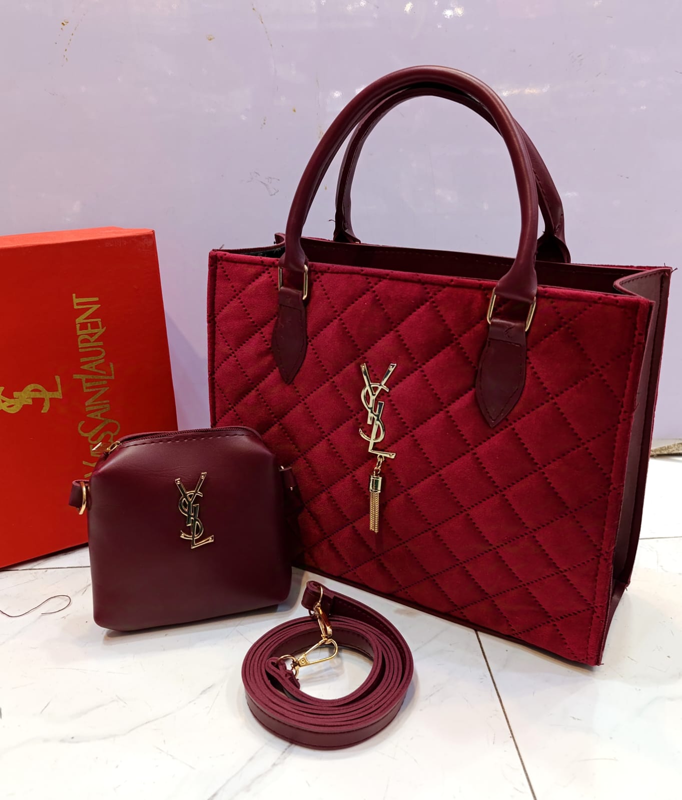 YSL Velvet 2-Piece Handbag Set (red)