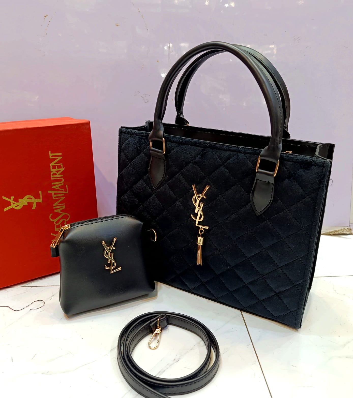 YSL Velvet 2-Piece Handbag Set (black)