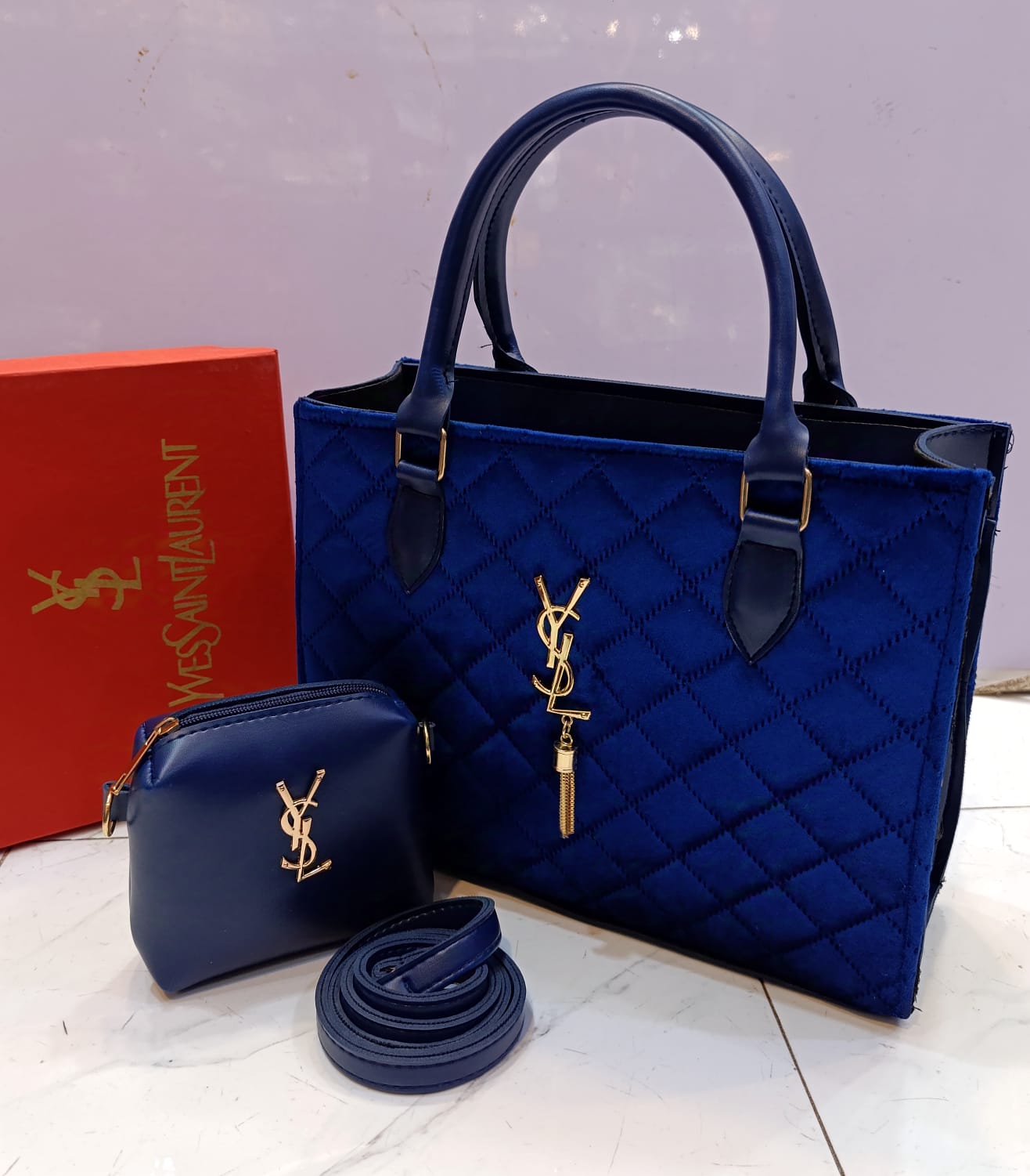 YSL Velvet 2-Piece Handbag Set (blue)