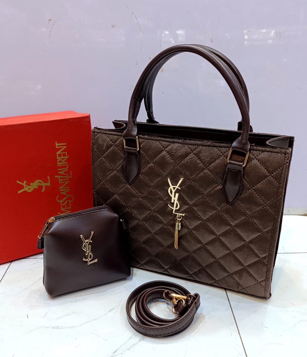 YSL Velvet 2-Piece Handbag Set (brown 1)