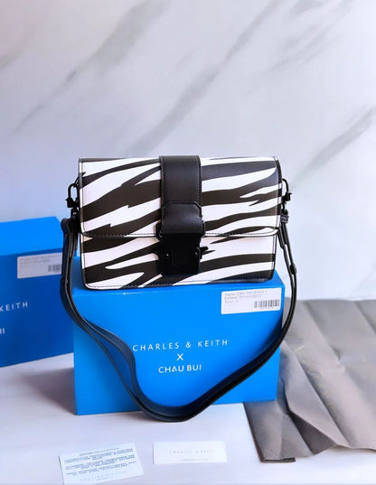 Charles & Keith Push-Lock Shoulder Bag  (black/white)