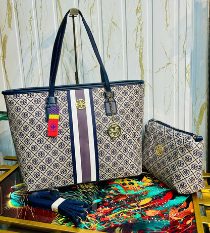 Tory Burch Handbag with Pouch, Long Belt, and Keychain (blue)