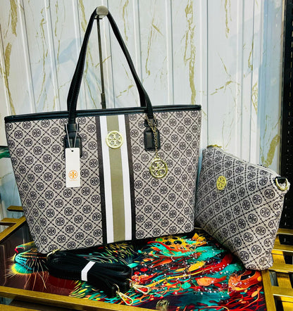 Tory Burch Handbag with Pouch, Long Belt, and Keychain (white/black)