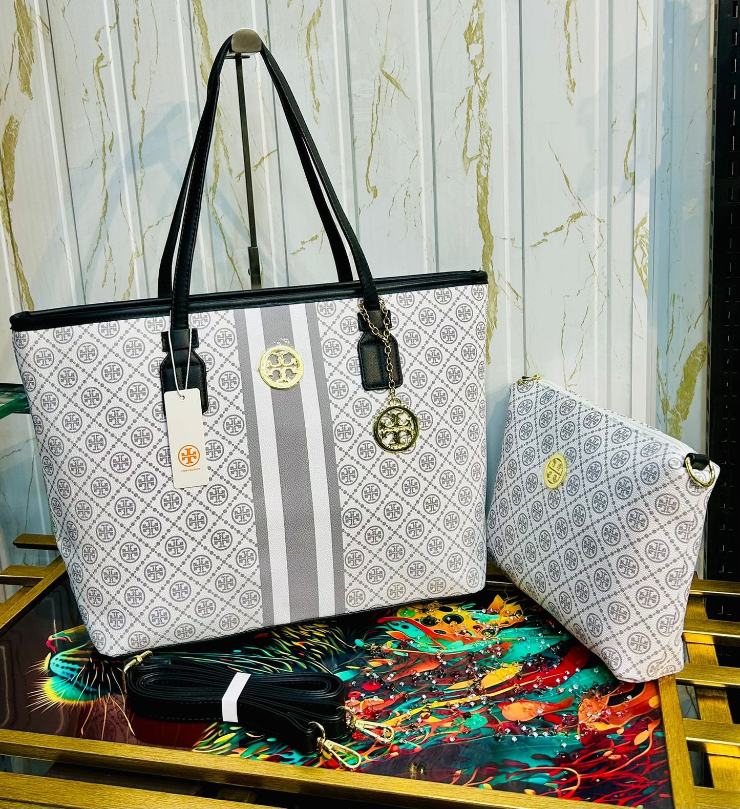 Tory Burch Handbag with Pouch, Long Belt, and Keychain (white)