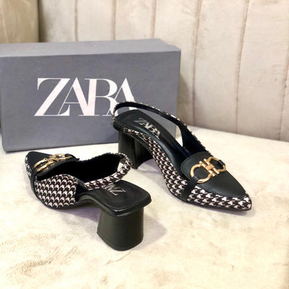 Zara Check Block Heel - Stylish Women’s Footwear  (Black)