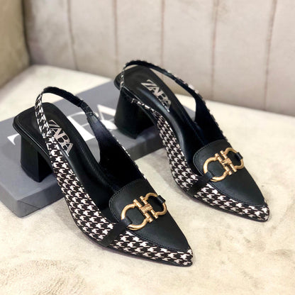 Zara Check Block Heel - Stylish Women’s Footwear  (Black)