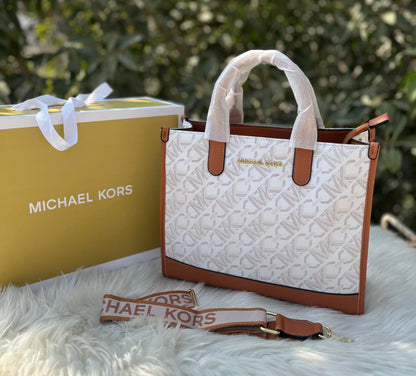 Michael Kors Women Handbag – Master Quality with Complete Branded Accessories (Brown+White)