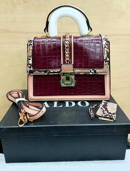 Aldo Women Handbag – Official Model in AAA Quality with Complete Accessories (Mahroon+Beige)