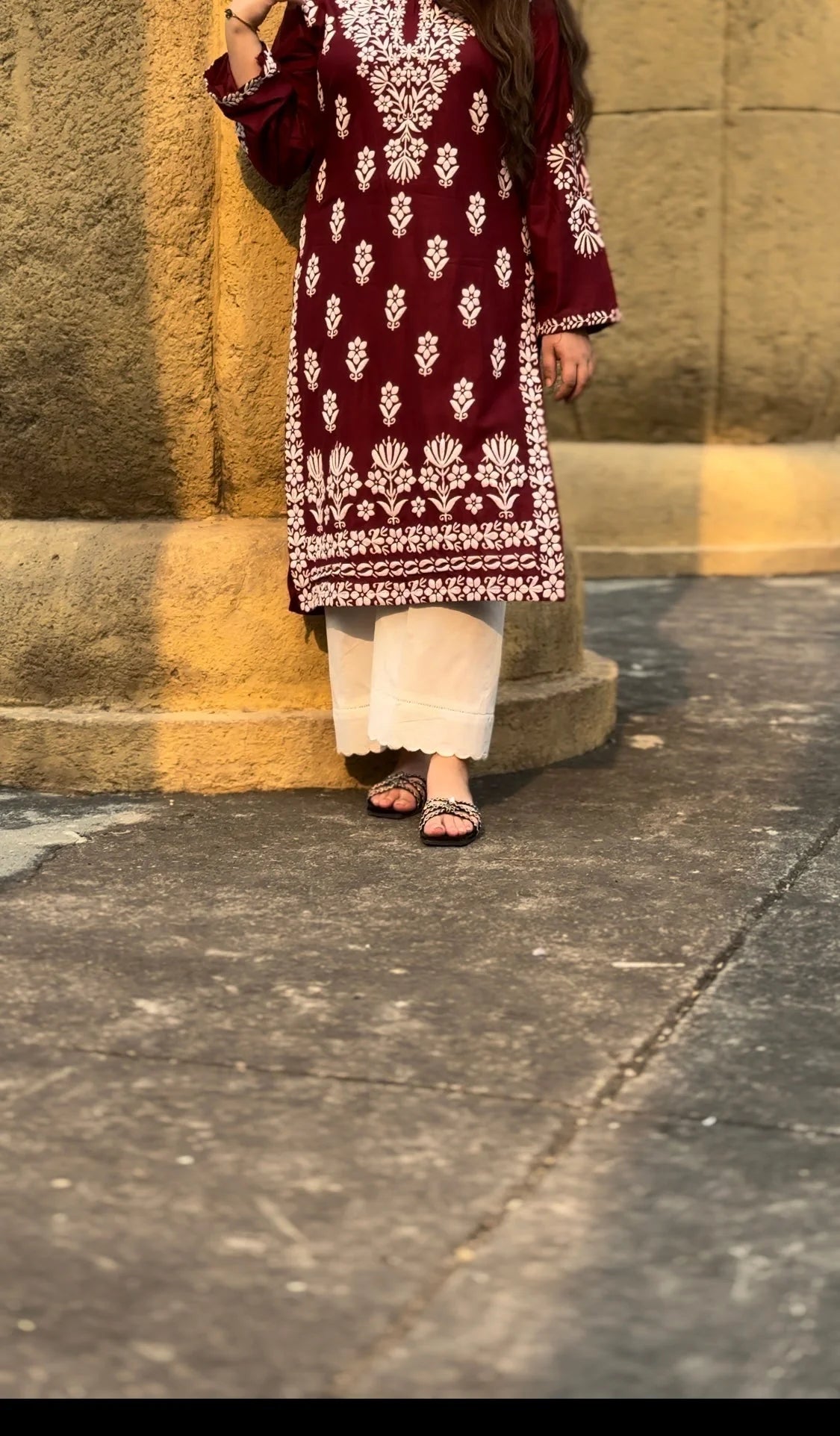 FOXY Embossed Indian Chicken Kari Kurti ( white/maroon)