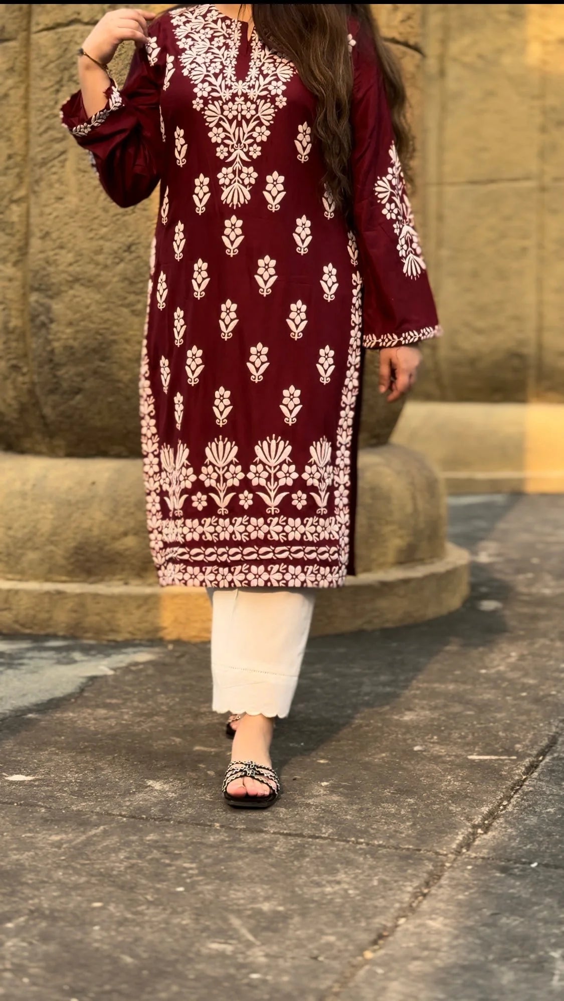 FOXY Embossed Indian Chicken Kari Kurti ( white/maroon)