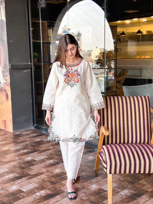 " MAVI " 2Pcs Stitched Embroidered Dress (White)