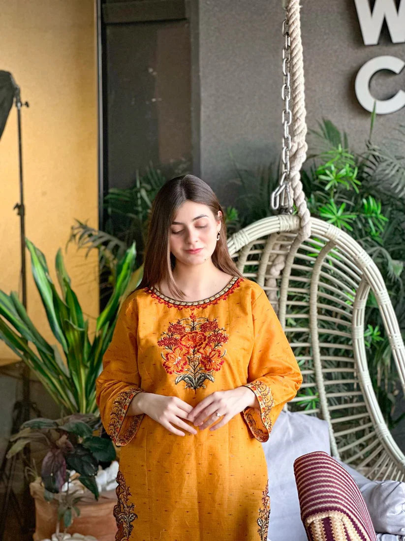 " MAVI " 2Pcs Stitched Embroidered Dress (Mustard)