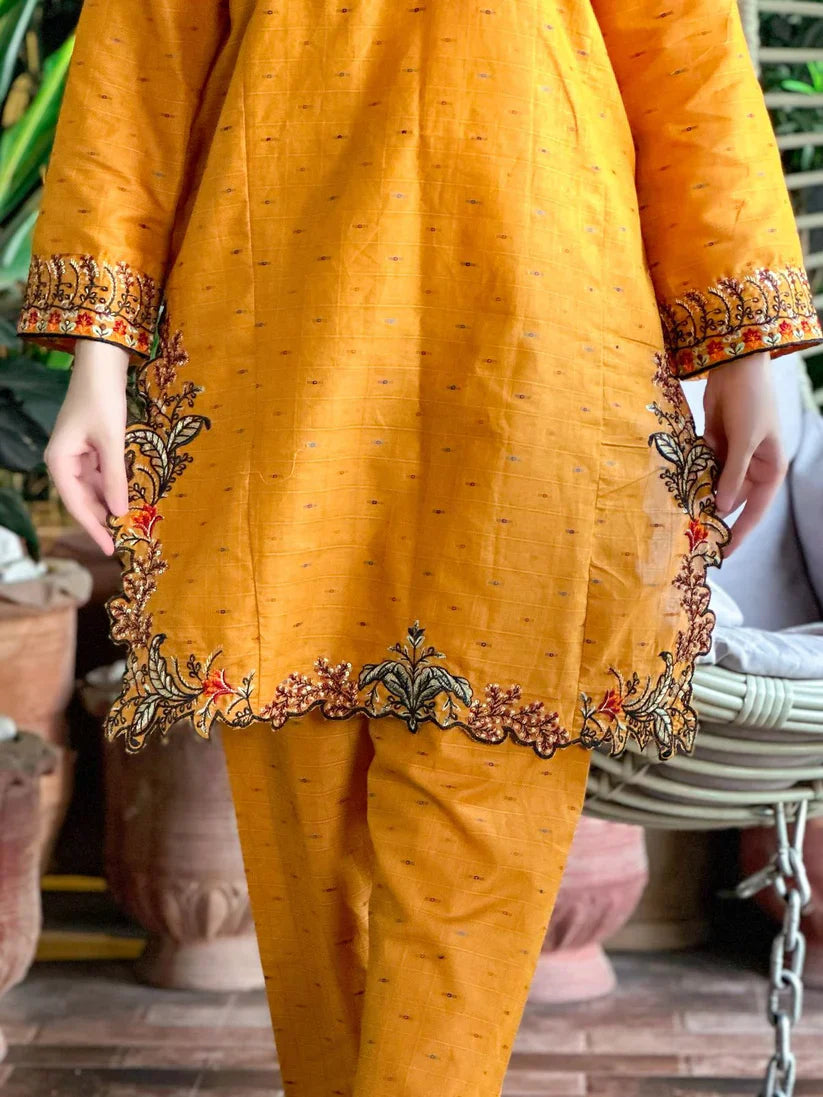 " MAVI " 2Pcs Stitched Embroidered Dress (Mustard)