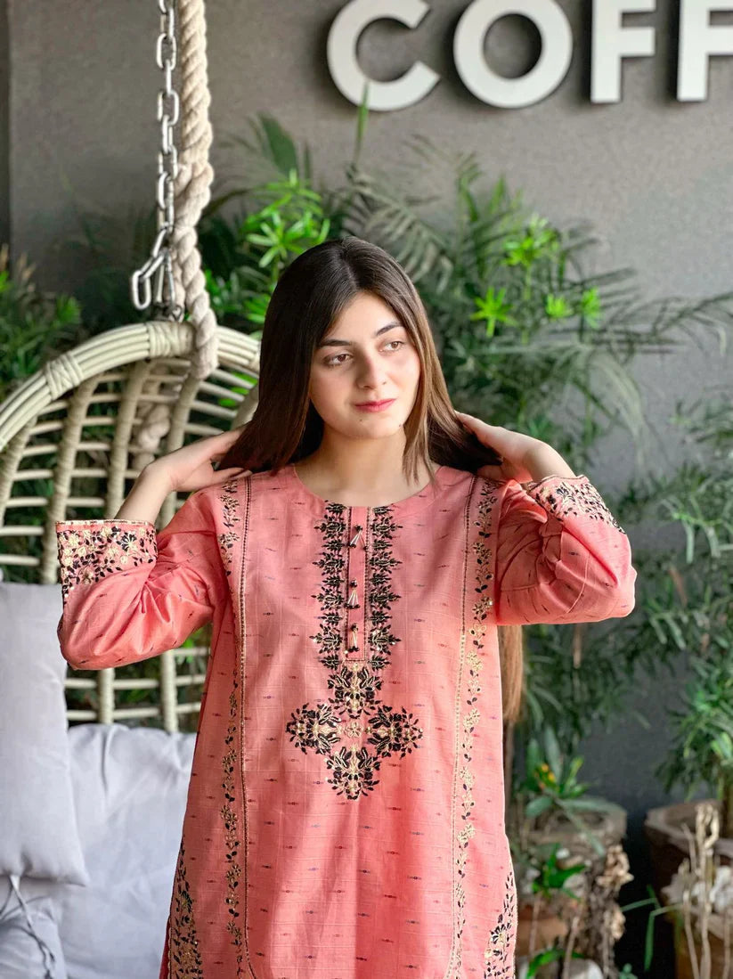 " ESRA " 2Pcs Stitched Embroidered Dress (Baby Pink)