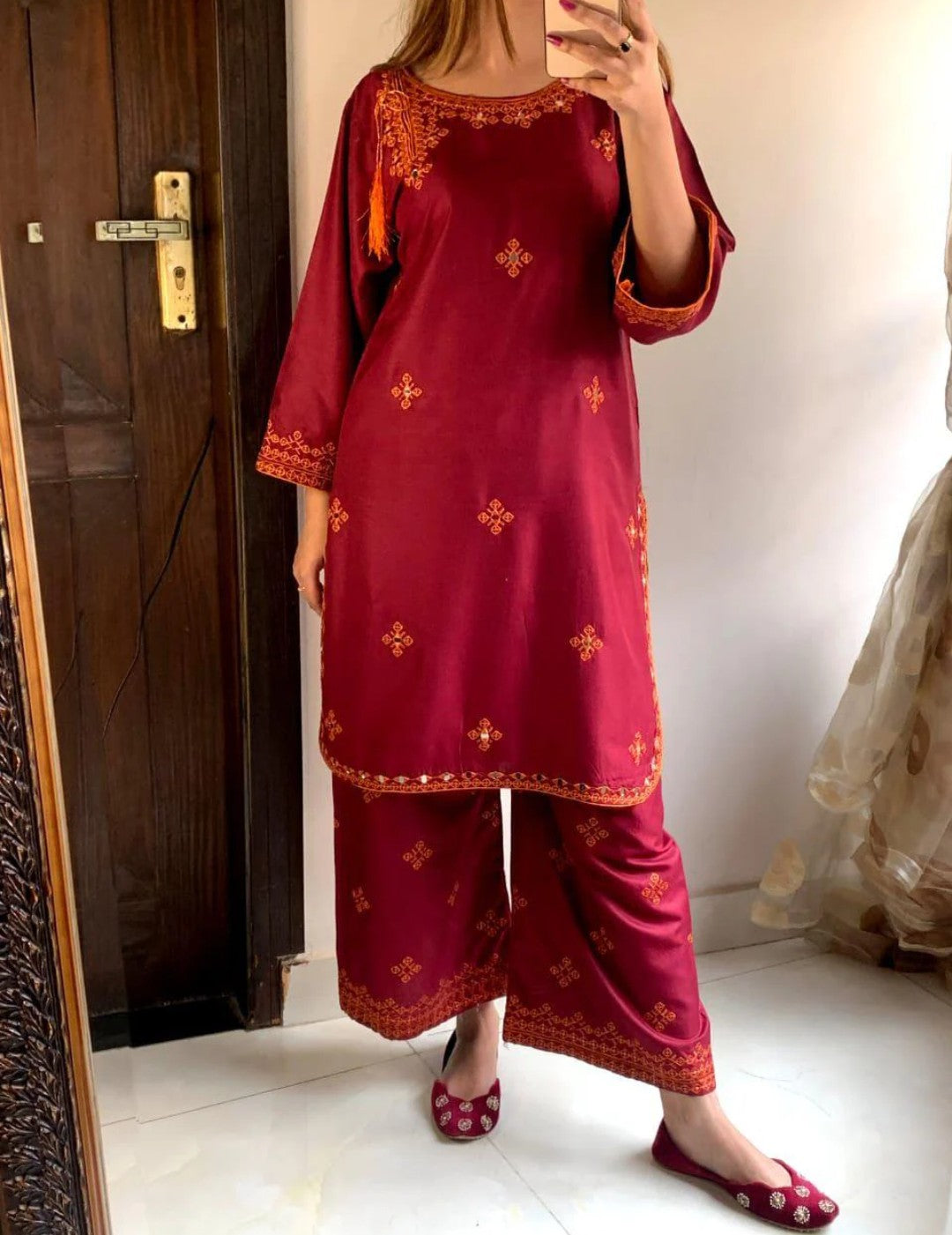 Desi Core Embroidery stitched 2pc (Red/Maroon)